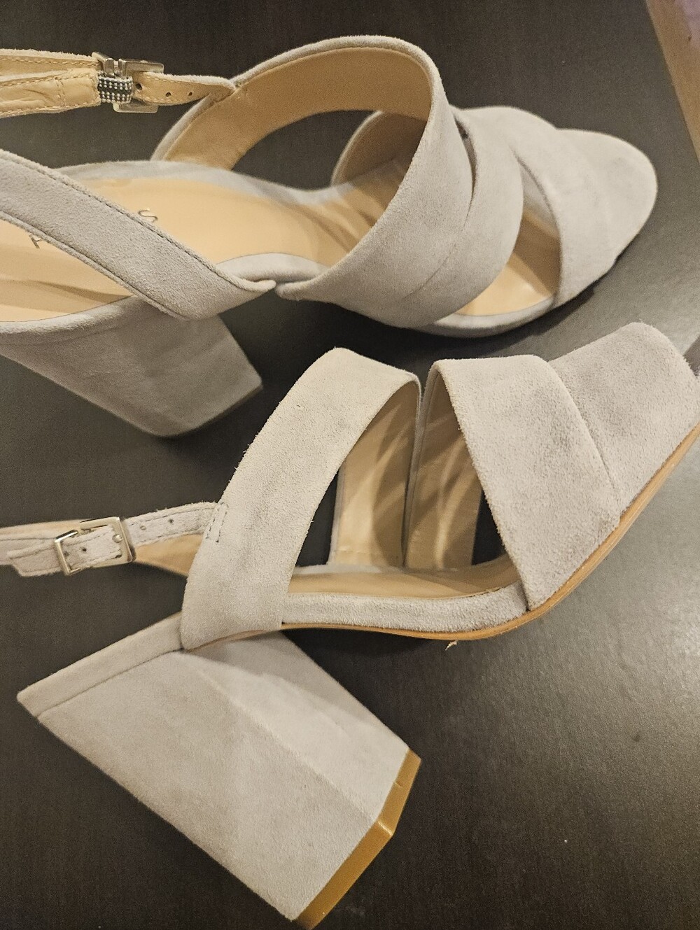 REISS Naomi Gray Suede Strappy Ankle Strap Buckle Open Toe Block Heels Womens 9. - Picture 4 of 7